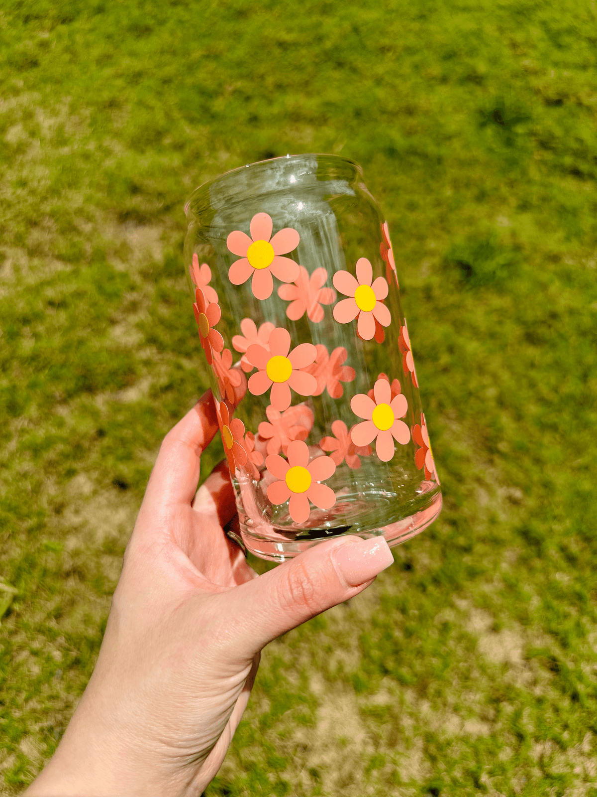 Coral Daisies Glass Cup