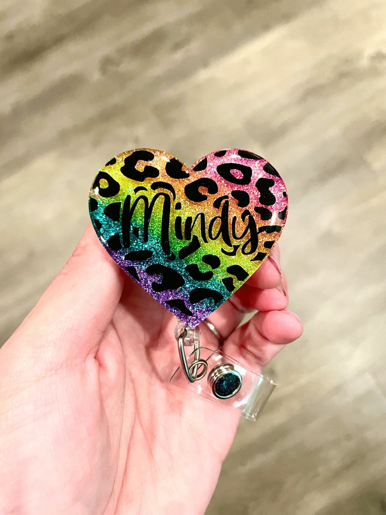 Personalized Rainbow Leopard Heart Badge